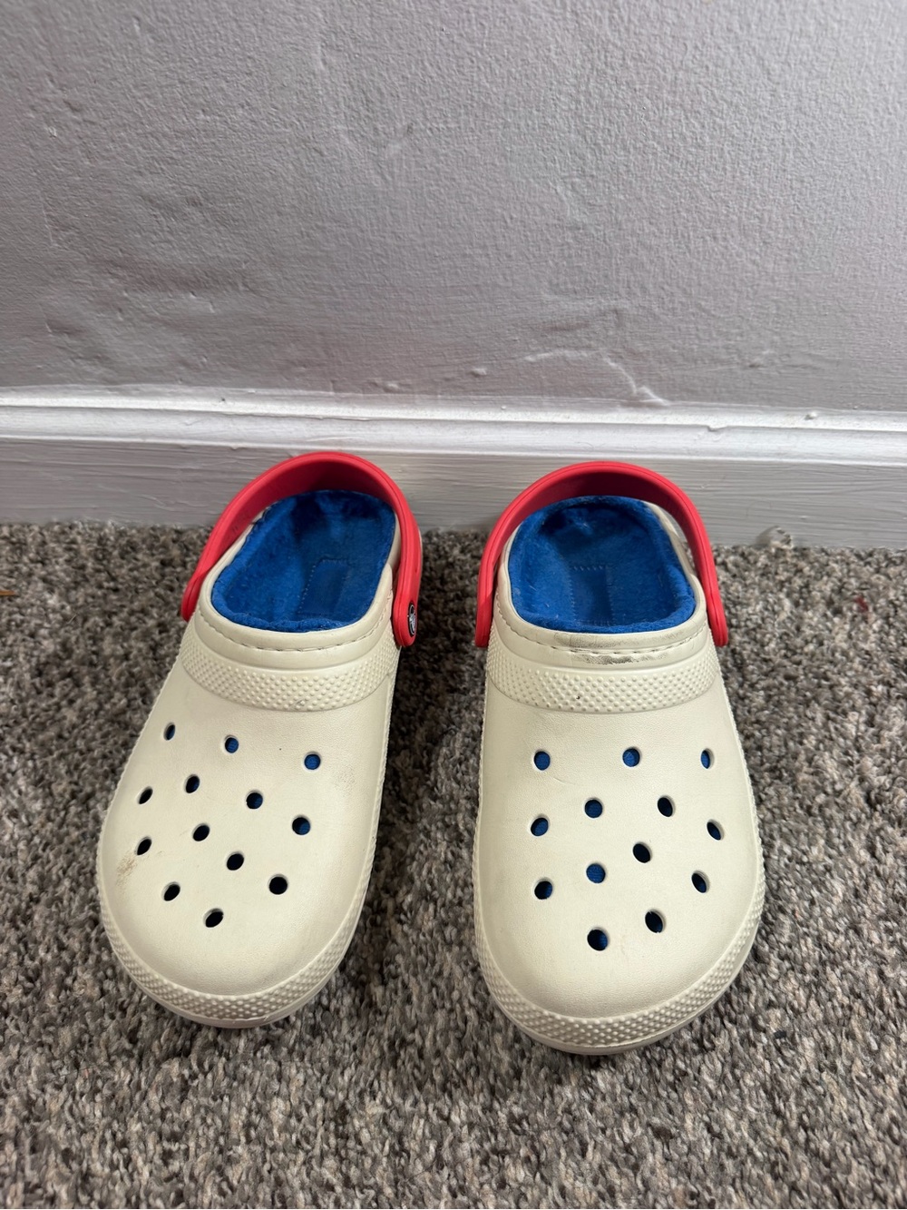 CROCS Cream Clogs with Blue Footbed and Red Heel Strap